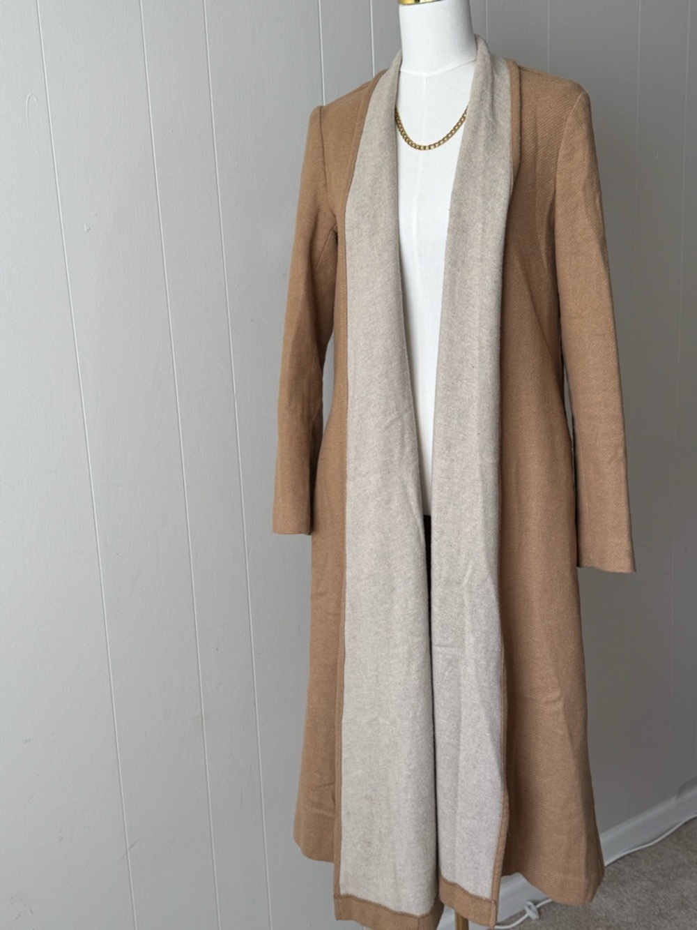 Camel Long Open Duster Cardigan with Cream Trim